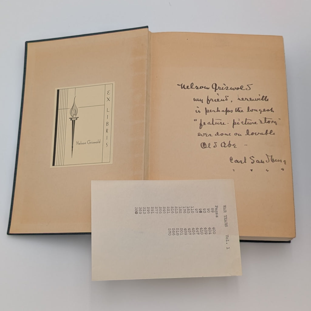 Abraham Lincoln: The War Years. First Trade Edition (1939). Warmly Inscribed Presentation Copy to Nelson Griswold, with Bookplates, Reader’s Notes, and Original Slipcase