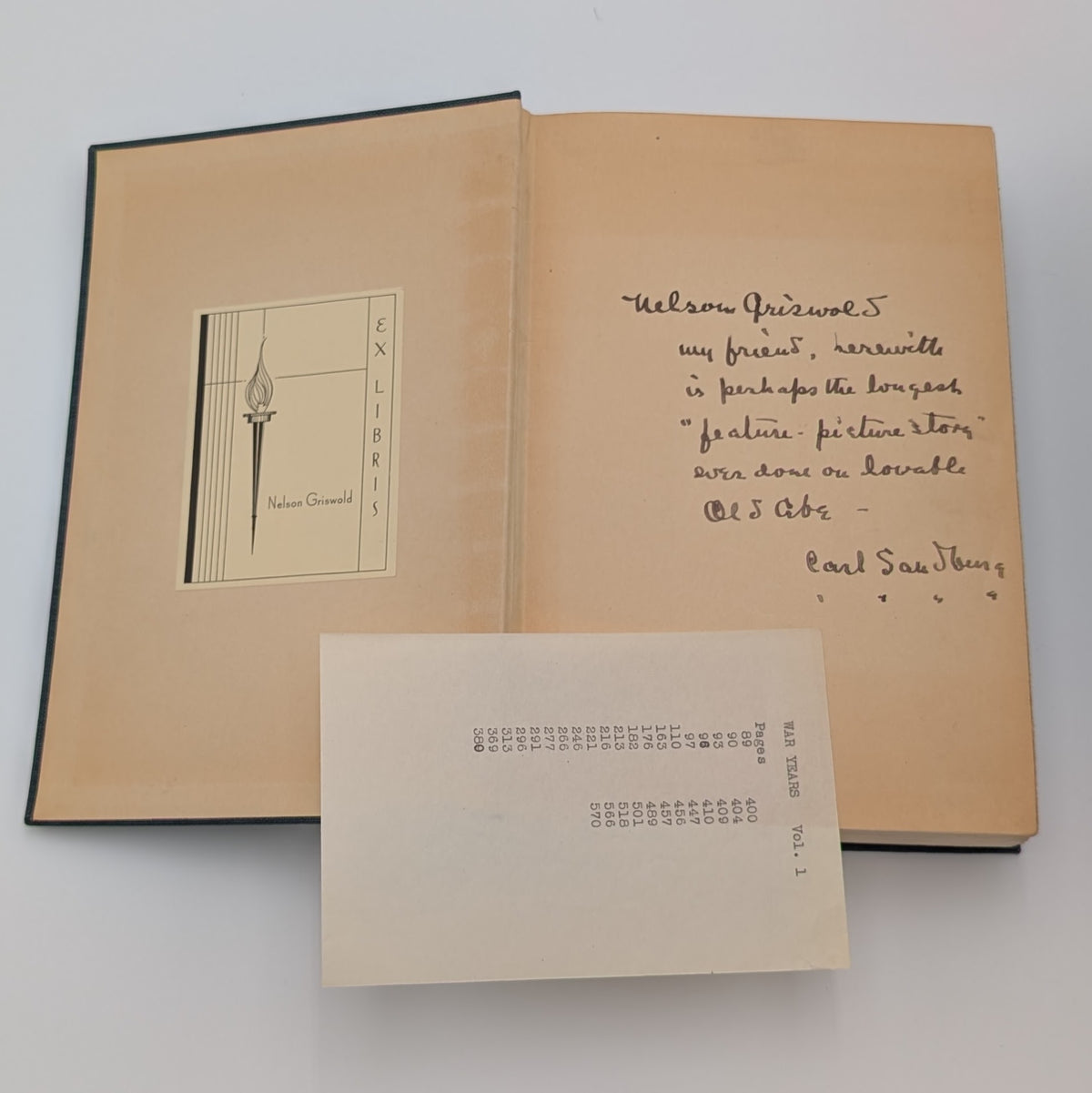 Abraham Lincoln: The War Years. First Trade Edition (1939). Warmly Inscribed Presentation Copy to Nelson Griswold, with Bookplates, Reader’s Notes, and Original Slipcase