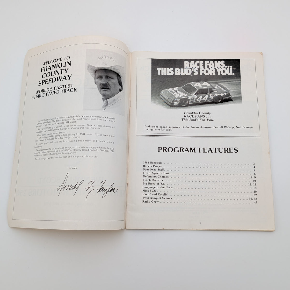 1984 Franklin County Speedway Program – Wendell Scott “Ridgerunner Motors 250” – Original 44‑Page Event Booklet